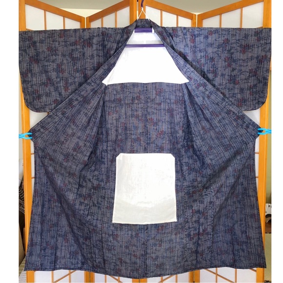 Authentic Vintage Japanese Navy Blue Kimono Robe with Maple Leaves Cotton Blend - Picture 3 of 12